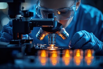 Lab Microscope. Scientist woman blue gloves using microscope in labora