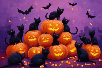 Fototapeta premium Group of black cats and jack-o-lanterns in a festive Halloween scene