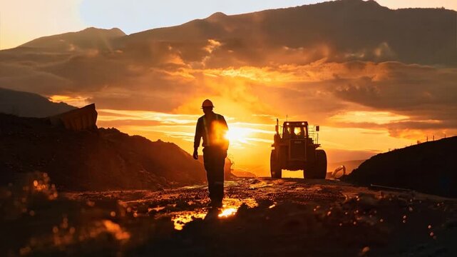 Silhouette of a Worker at Sunset: A lone figure walks towards a tractor, silhouetted against the breathtaking backdrop of a fiery sunset. The image evokes a sense of hard work, resilience, and the bea