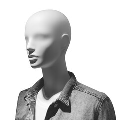 Sleek body, faceless mannequin dressed in a casual denim jacket, photographed against a plain white background. The minimalist design