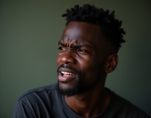 Fototapeta premium Thoughtful African American man with expressive face against a green background.