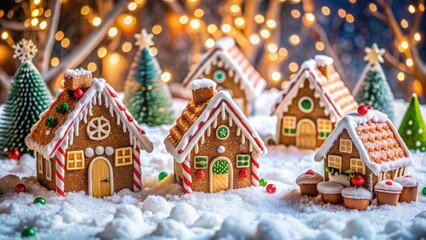 Festive Christmas candy and gingerbread cottages in artificial snow , Christmas, candy, gingerbread, cottage
