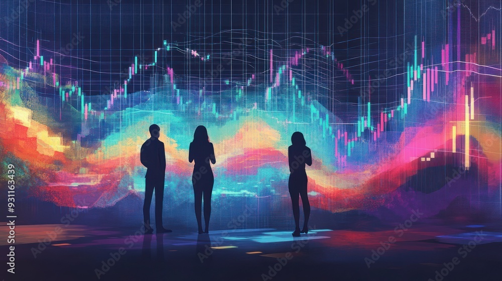 Poster three silhouettes observing a colorful data visualization