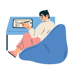 New Technologies with Man Character with Tablet Drawing Vector Illustration