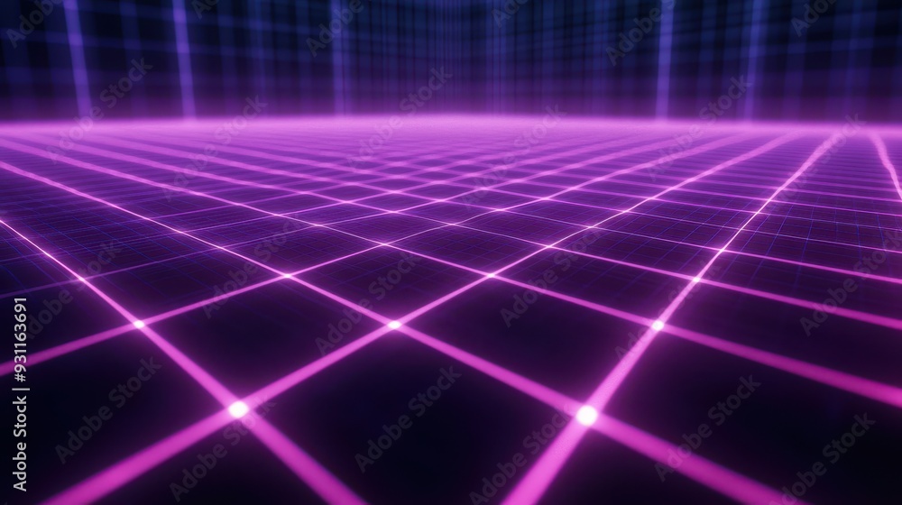 Poster a digital grid in purple tones, creating a futuristic and abstract environment.