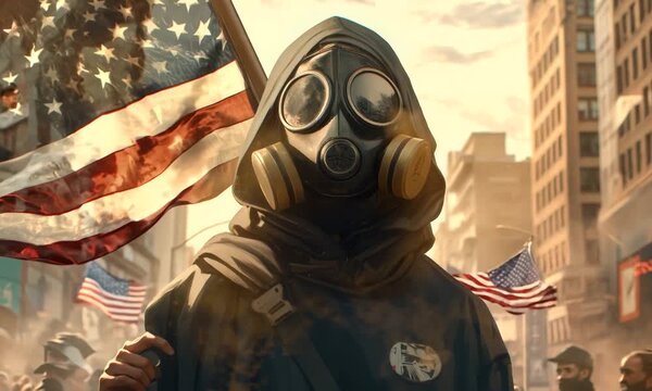 African american man in gas mask holding united states flag in a protest against racism with multiethnic group of people in the street