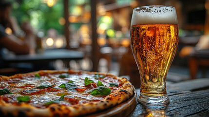 A casual lunch of pizza and beer on a sunny day, with a lively conversation in the background.