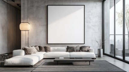 Modern Living Room with Large Blank Canvas and White Sectional Sofa