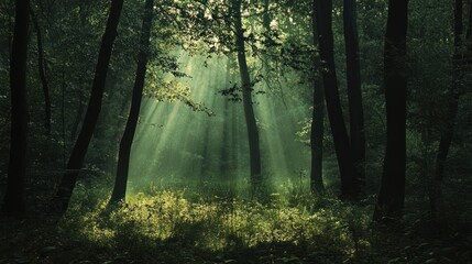 Obraz premium Sunbeams Filtering Through a Foggy Forest