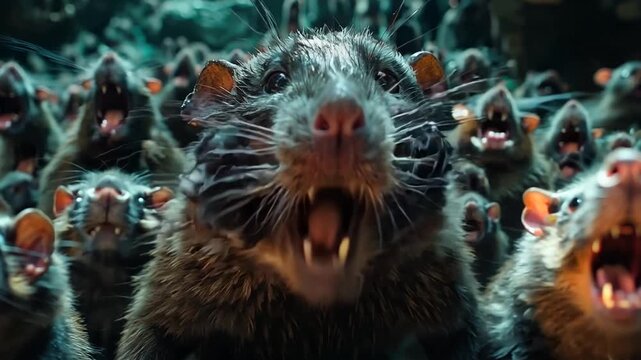 A large group of rats vocalizing in an underground setting