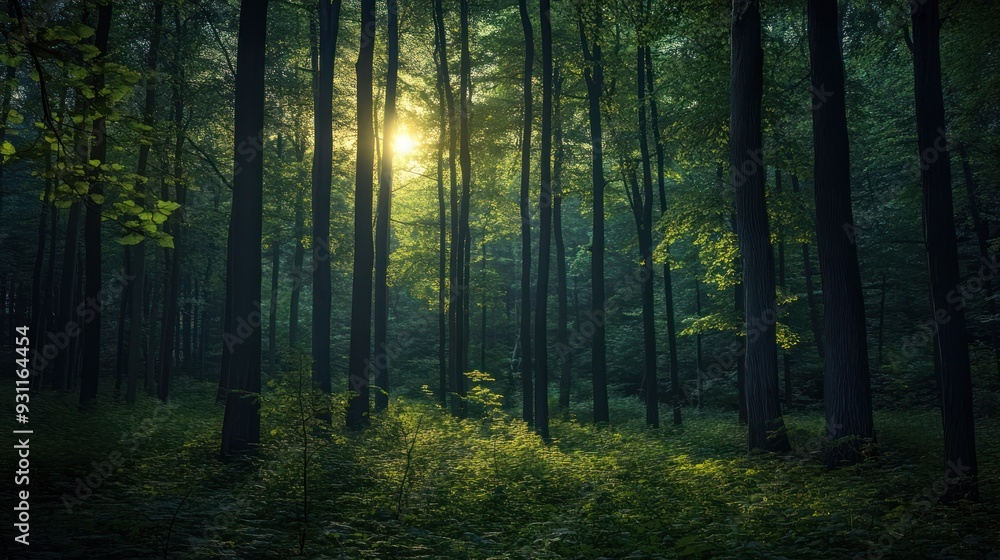 Poster sunbeams filtering through a dense forest canopy
