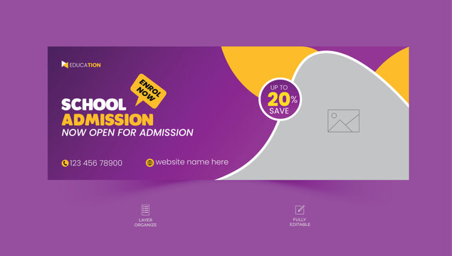School admission facebook cover design, back-to-school social media banner, online education banner ads template.	

