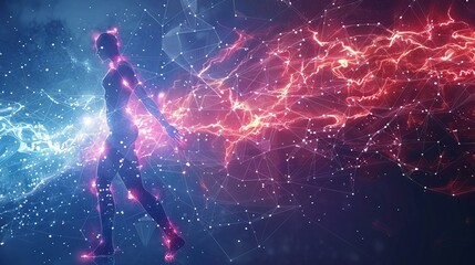 Female body with glowing energy lines flowing through legs and arms, abstract futuristic concept, xray concpet 
