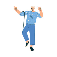 Man Pensioner Character with Cane Dancing to Music Engaged in Hobby Activity on Retirement Vector Illustration