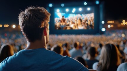 Fototapeta premium A vast crowd captivated by a movie on a giant outdoor screen, creating a sense of shared wonder.