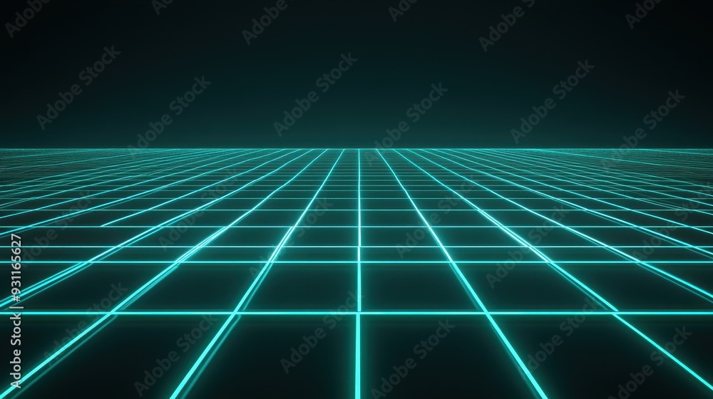 Poster a digital grid with glowing lines, creating a futuristic landscape effect.