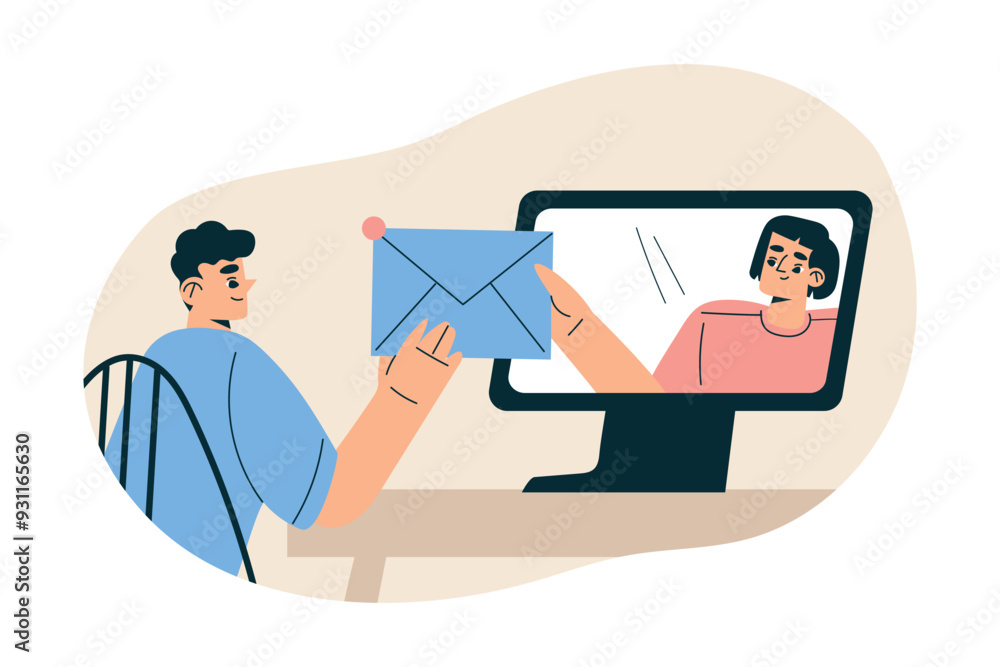 Poster new technologies with man and woman character share message at computer vector illustration
