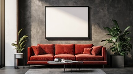 Modern living room with red velvet sofa and blank frame