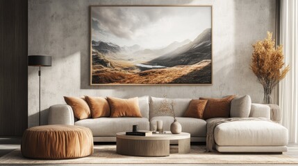 Modern Living Room Interior with Mountain Landscape Artwork