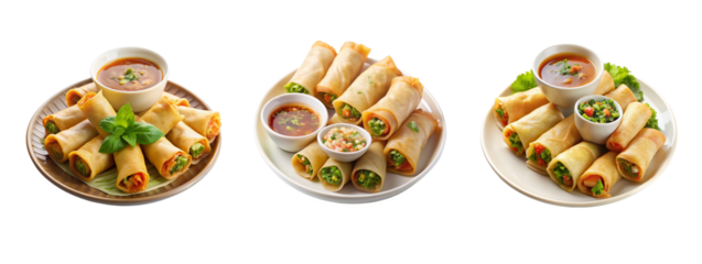 High-Resolution Plate of Spring Rolls with Dipping Sauce on Transparent Background for Food Design