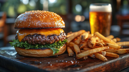 A cold craft beer paired with a juicy burger and crispy fries on a sunny patio.