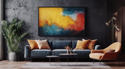 Abstract Painting Above a Living Room with a Blue Couch and a Yellow Accent Chair