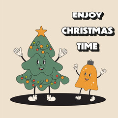Festive Christmas greeting card. Hippy Christmas tree and bell characters in groovy retro style. Modern trendy Christmas card, poster, decorative print and text Enjoy Christmas time.