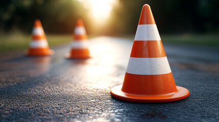 Sunlit road with bright orange traffic cones lined up on smooth asphalt, symbolizing caution and safety. The empty street under a clear sky suggests peace, solitude, and the orderly flow of traffic