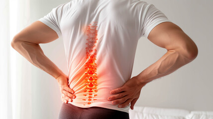 Man pain office syndrome at his back with highlight at backbone and spine.