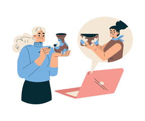 New Technologies with Senior Woman Character Learn Pottery at Laptop Tutorial Vector Illustration