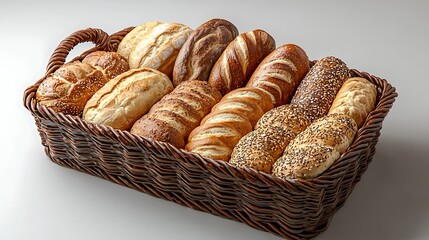 A wicker basket filled with an assortment of freshly baked bread, ready to enjoy.