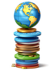 Illustration of a Set of Scales Balancing a Globe and a Stack of Coins, Representing Economic and Environmental Balance, with Copy Space on a White Background
