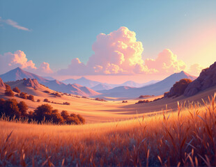 Obraz premium Vast Golden Fields with Rolling Hills at Sunset