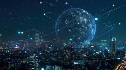 Cityscape with a Digital Globe at Night