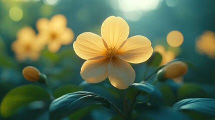 Fototapeta premium A delicate flower in bloom, with the surrounding garden blurred to draw attention to the intricate details.