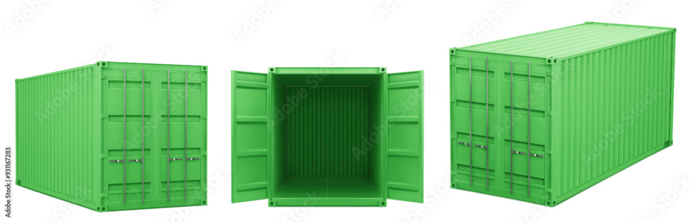 Poster realistic 3d green container for cargo shipping. vector illustration set of closed and open empty lo