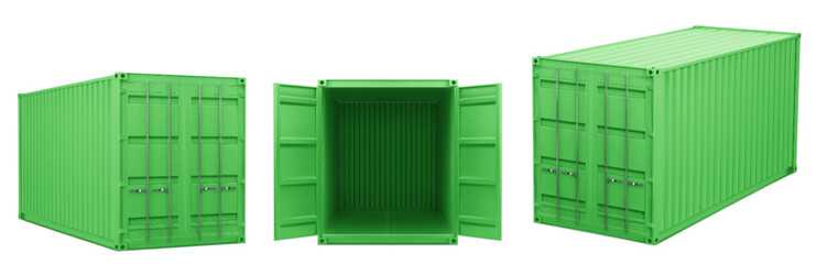 Realistic 3d green container for cargo shipping. Vector illustration set of closed and open empty long industrial box for storage and shipment. Intermodal freight transport logistic package mockup.