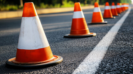 Sunlit road with bright orange traffic cones lined up on smooth asphalt, symbolizing caution and safety. The empty street under a clear sky suggests peace, solitude, and the orderly flow of traffic