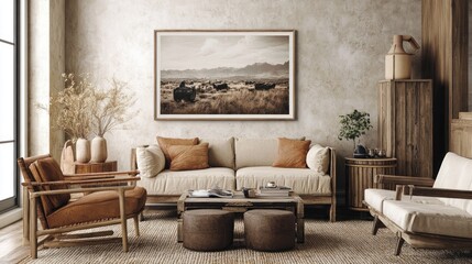 Rustic Living Room with Mountain Landscape Photograph