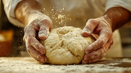 Fototapeta premium Baker Kneading Dough on Flour-Dusted Surface