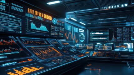 Futuristic Control Room with Glowing Digital Displays