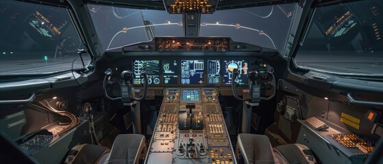 Airplane Cockpit At Night.