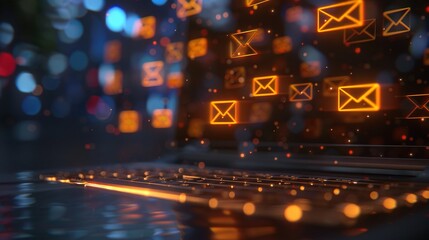 Naklejka premium Floating email icons above a laptop keyboard, glowing with connectivity 