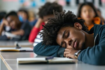 Tired student sleeping in class.