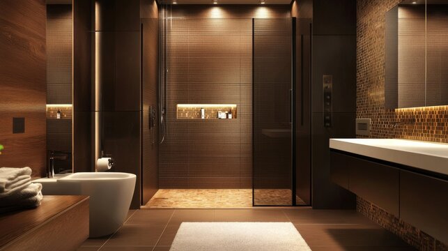 Sleek modern brown bathroom with a stunning monochromatic design and minimalist traits
