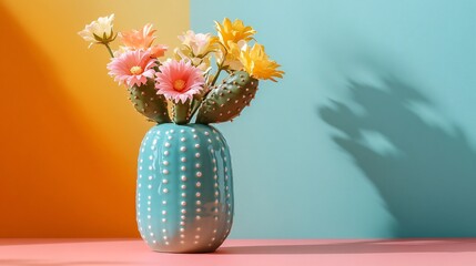 Elegant Cactus Shaped Ceramic Vase and Flowers on Table