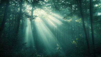 Obraz premium Sunlight Beams Through Misty Forest