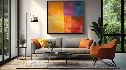 A modern living room with a gray sofa, a colorful abstract painting, and a brown armchair