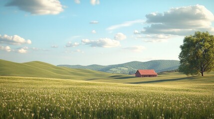 Red Barn in Green Field
