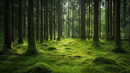 Fototapeta premium Sunlight Filtering Through a Lush Green Forest